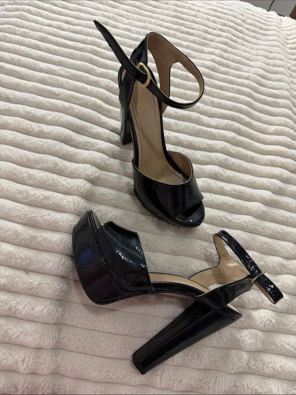 Black Patent Platform Ankle-Strap Block Heels